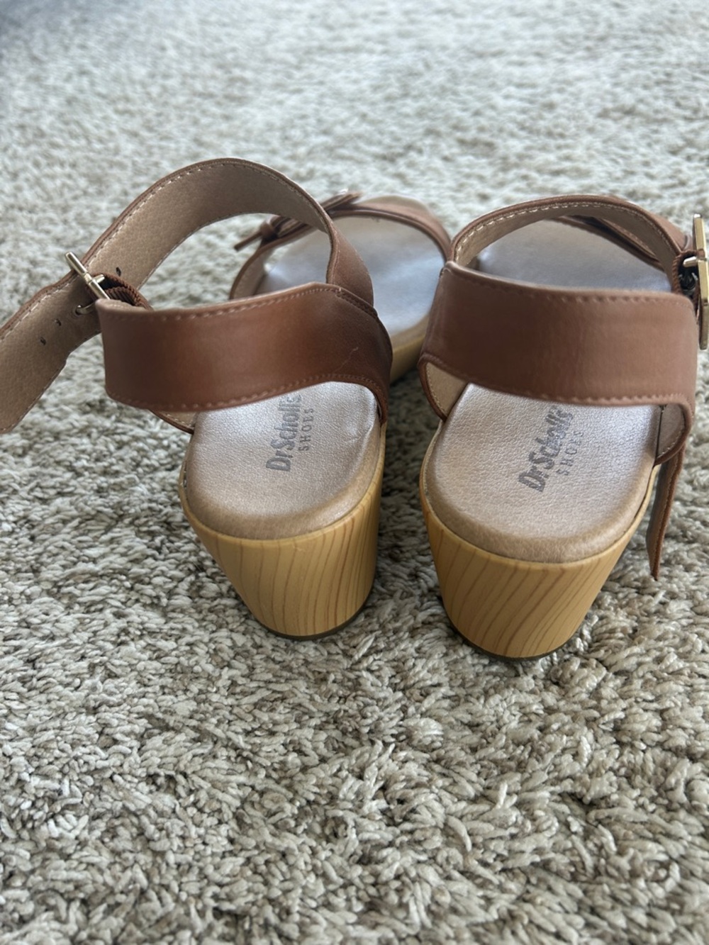 Women's Wooden Heel Brown Buckle Strap Sandals - Picture 4 of 5